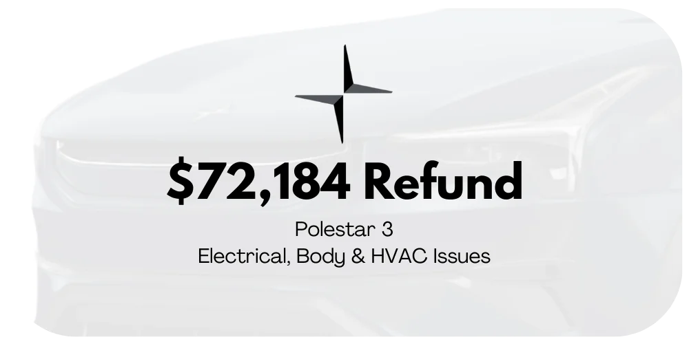 Polestar 3 lemon law refund graphic: $72,184 for electrical, body, and HVAC issues.