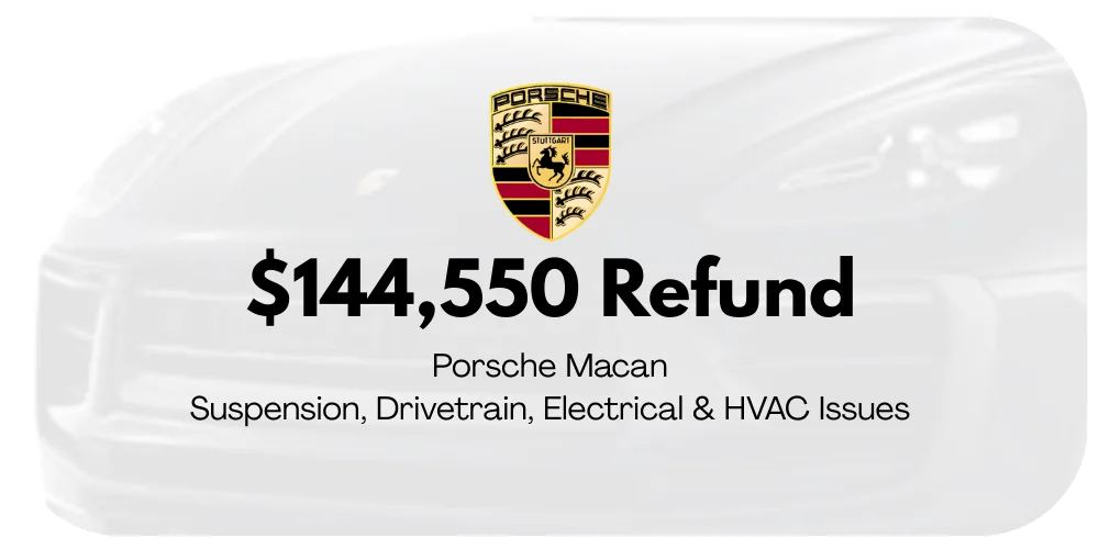 Porsche Macan lemon law refund graphic: $144,550 for suspension, drivetrain, electrical, and HVAC issues.