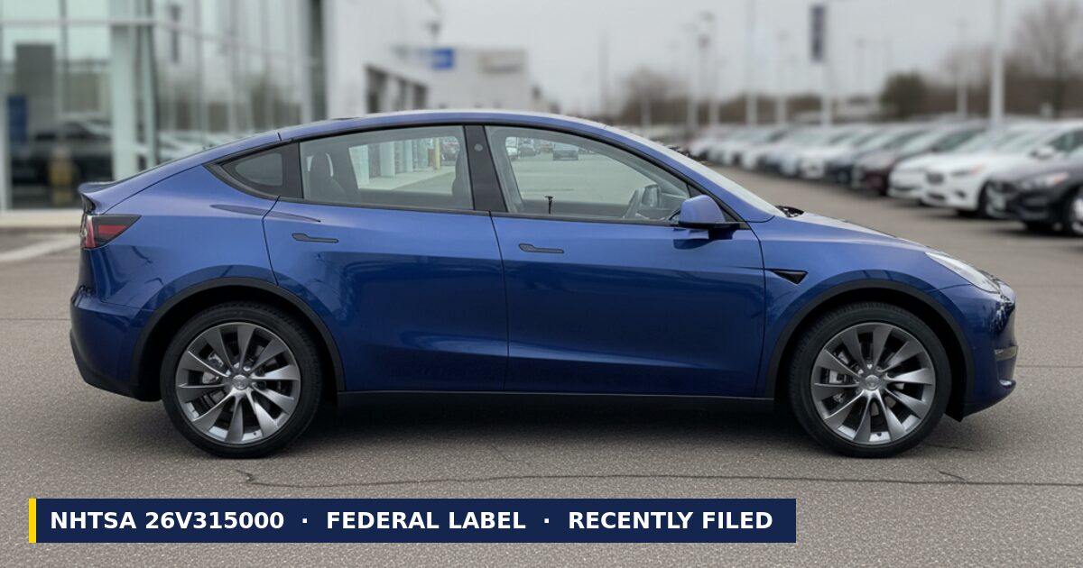 2026 Tesla Model Y — NHTSA recall 26V315000: Federal Label Defect, recently filed