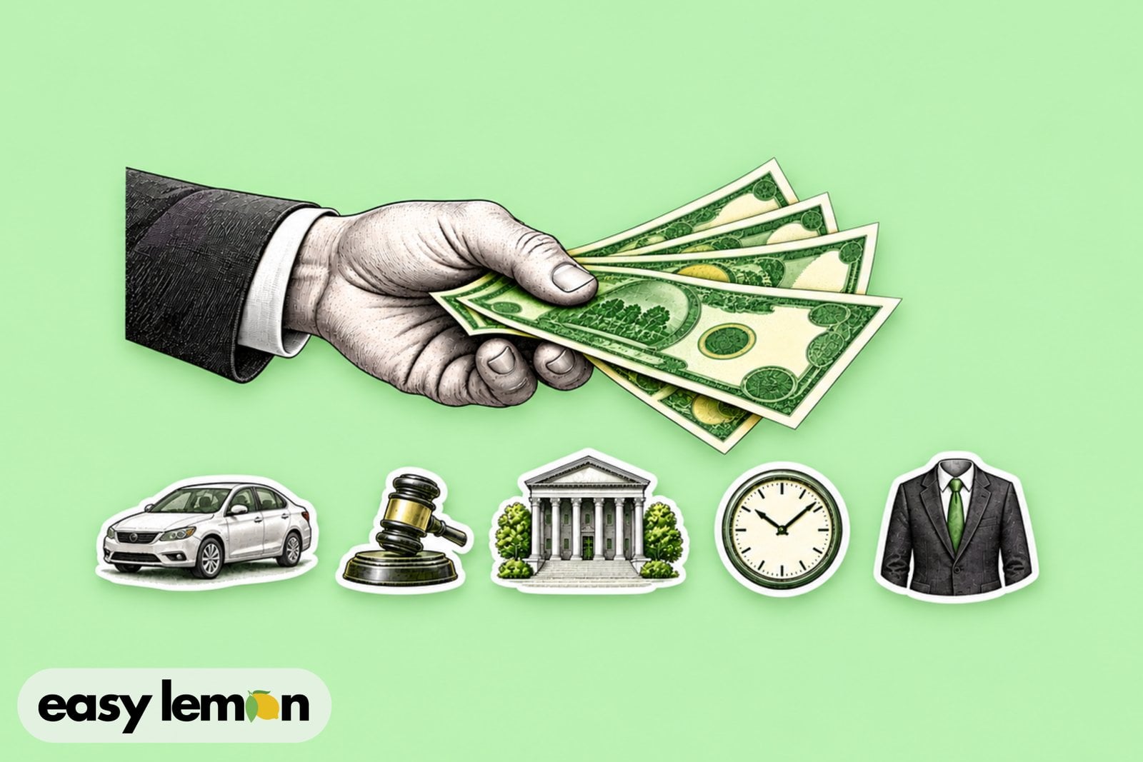 Hand holding cash above icons of a car, gavel, courthouse, clock and suit, showing what Texas lemon law attorney fees cover