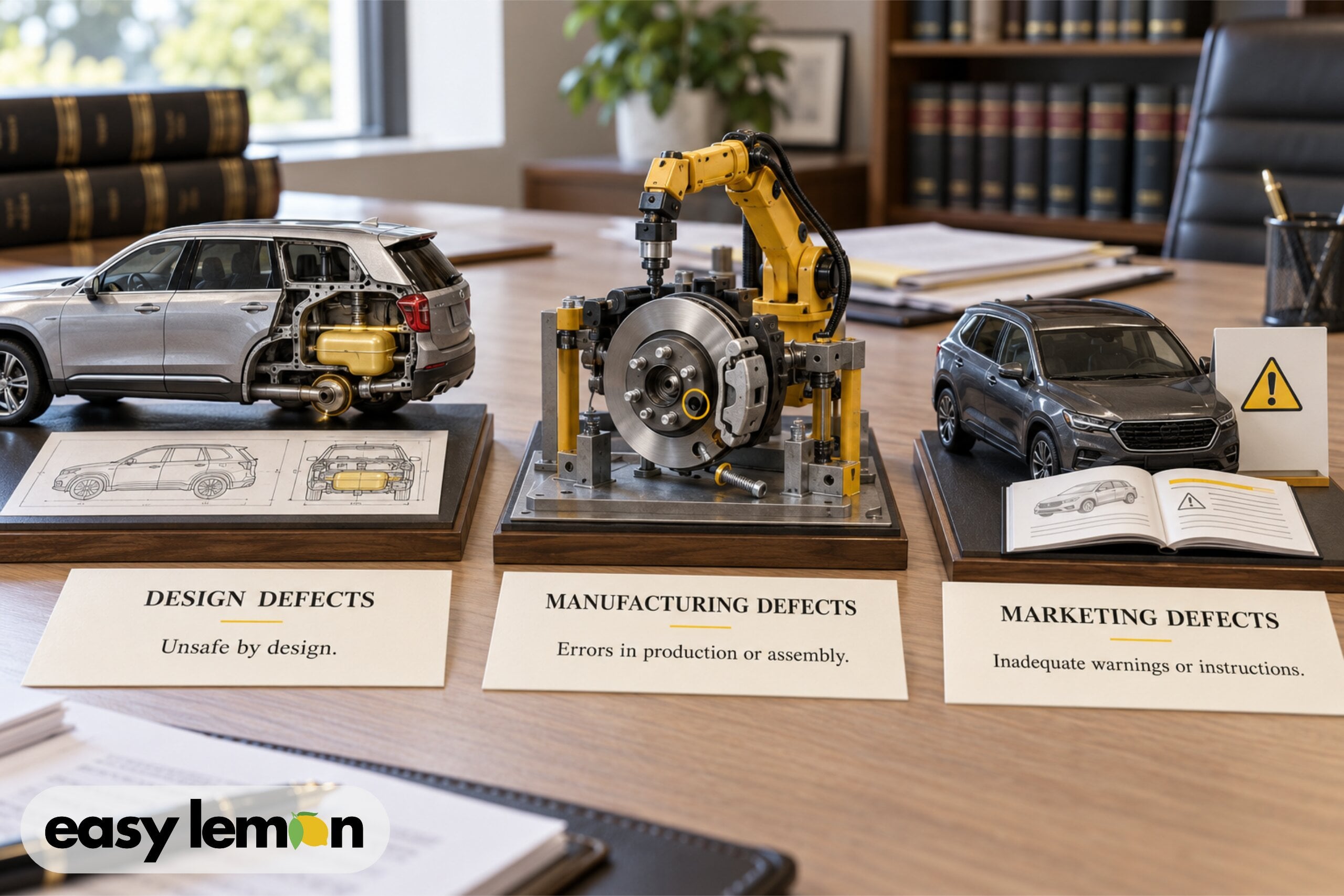 Three model displays showing the types of auto defects that create liability: design, manufacturing and marketing defects
