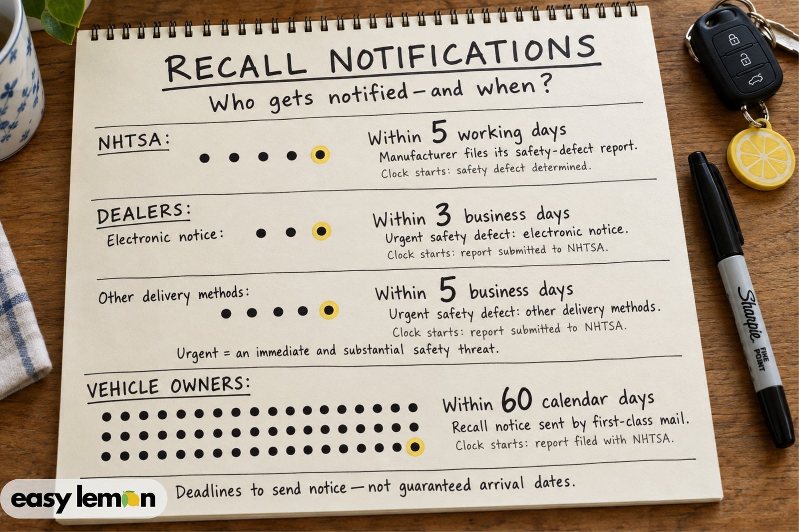 Vehicle recall notification deadlines: manufacturers report to NHTSA within 5 working days, notify dealers within 3 or 5 business days for urgent defects, and mail owners within 60 days