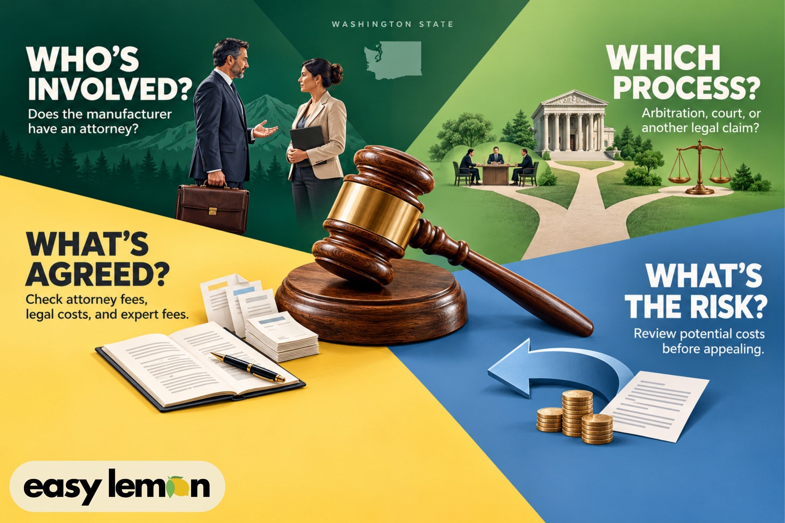 Four questions to screen Washington lemon law fee risk: who is involved, which process, what is agreed, and the risk