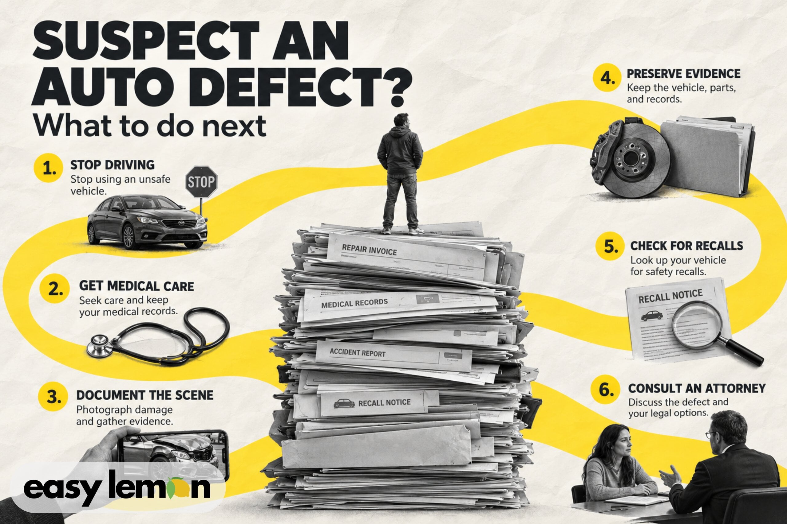 Six steps to take if you suspect an auto defect, from stopping driving and preserving evidence to consulting an attorney